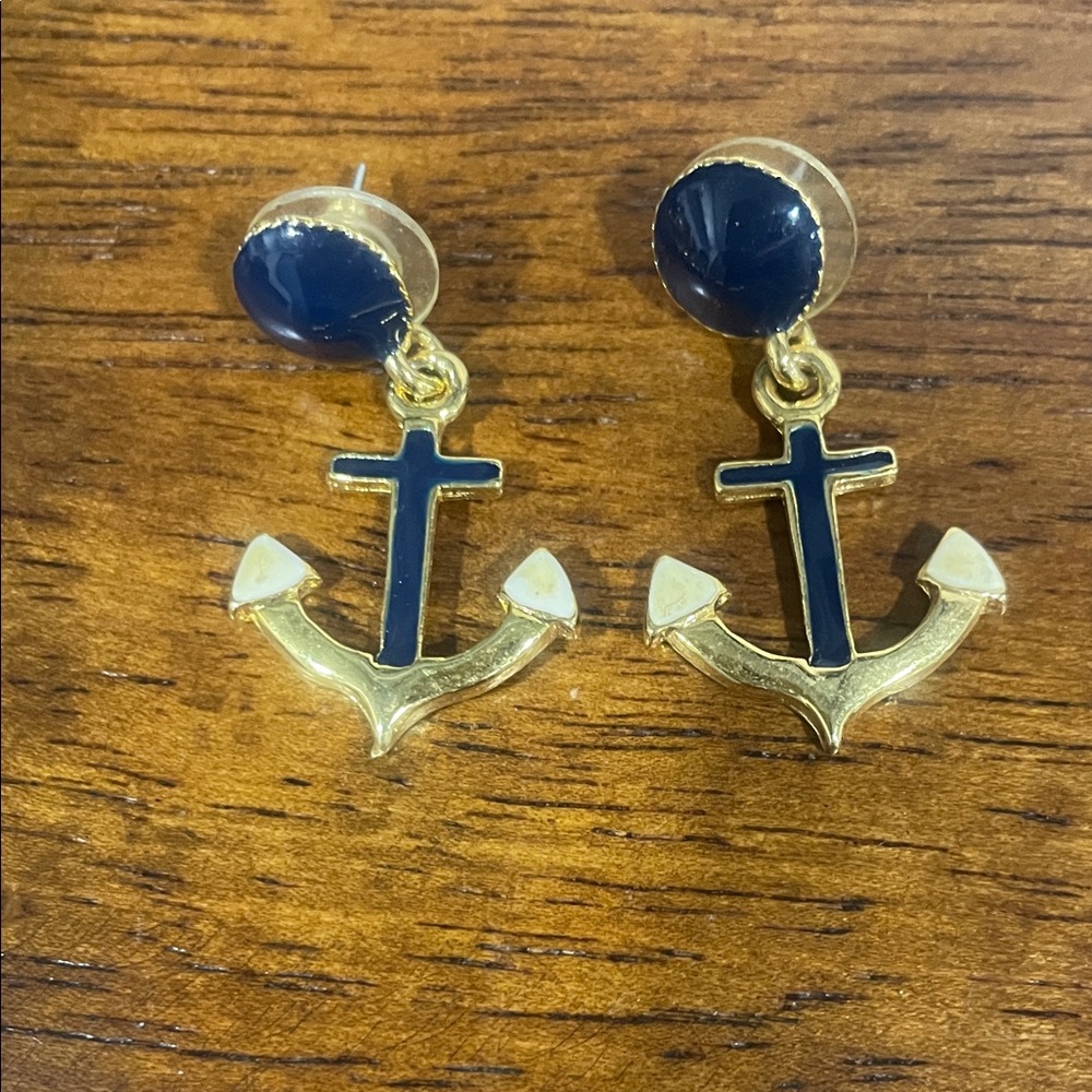 Nautical Anchor Drop Earrings in Gold and Blue